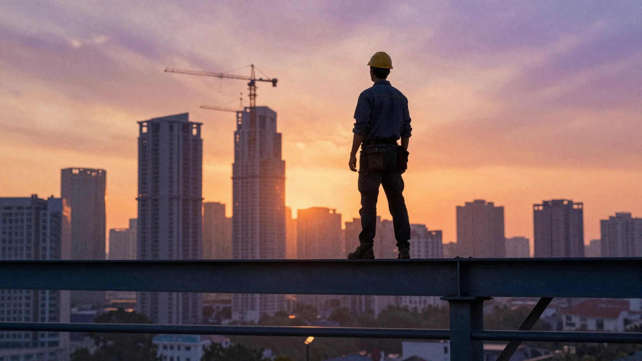 Watercolor style. Silhouette of a builder in a hard hat stan...