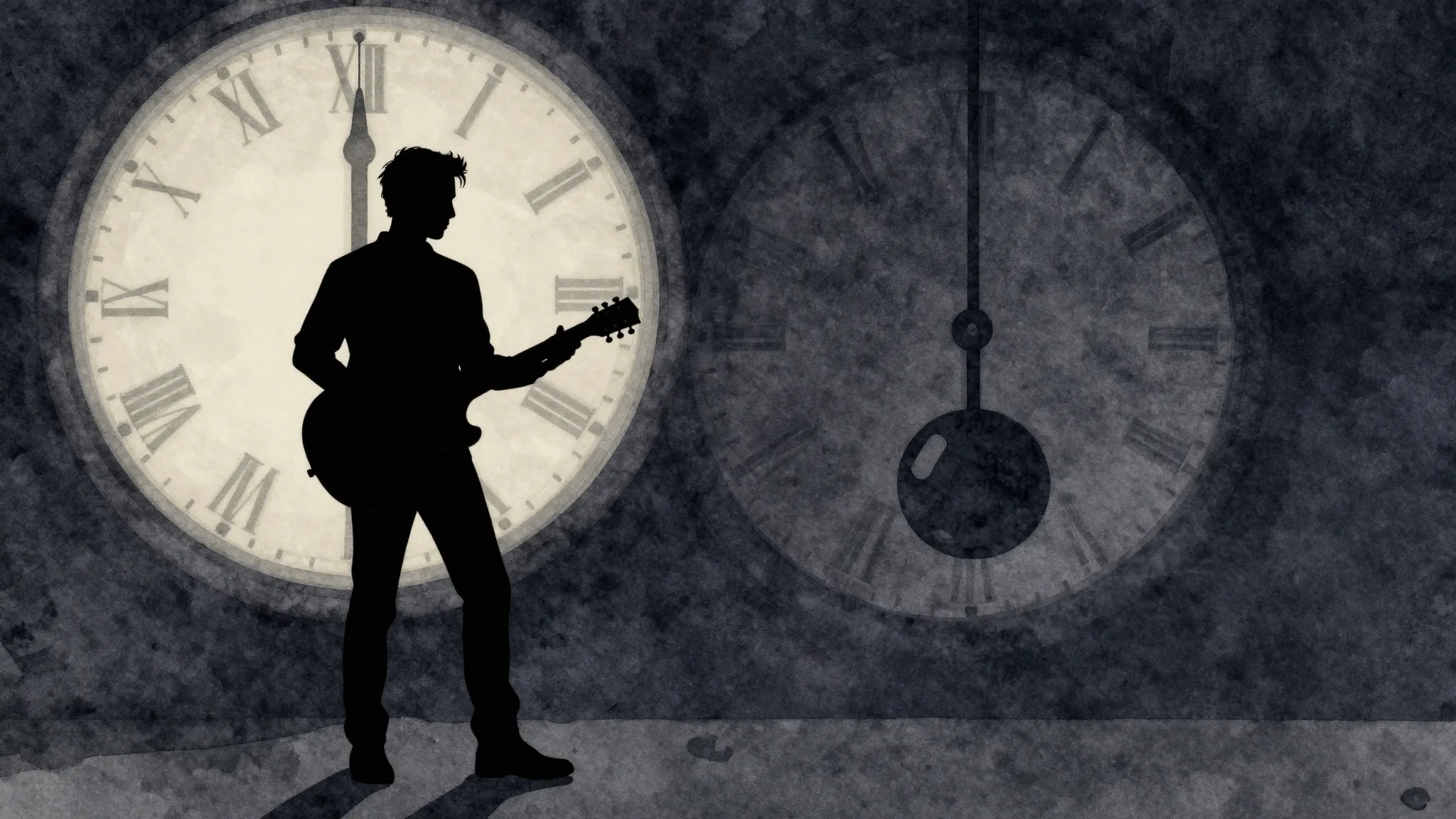 Watercolor style. A silhouette of a man with a guitar standi...