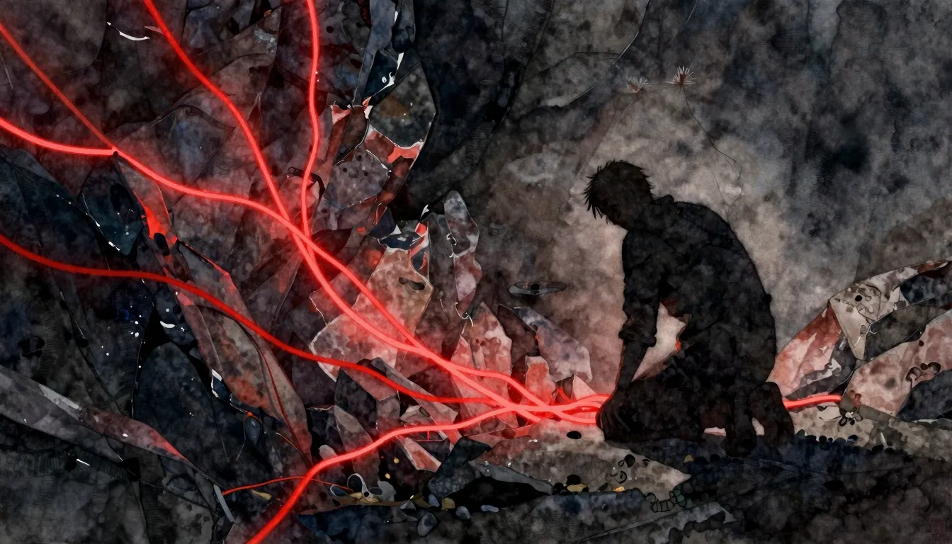Watercolor style. Dark rocky terrain, glowing red wire, silh...