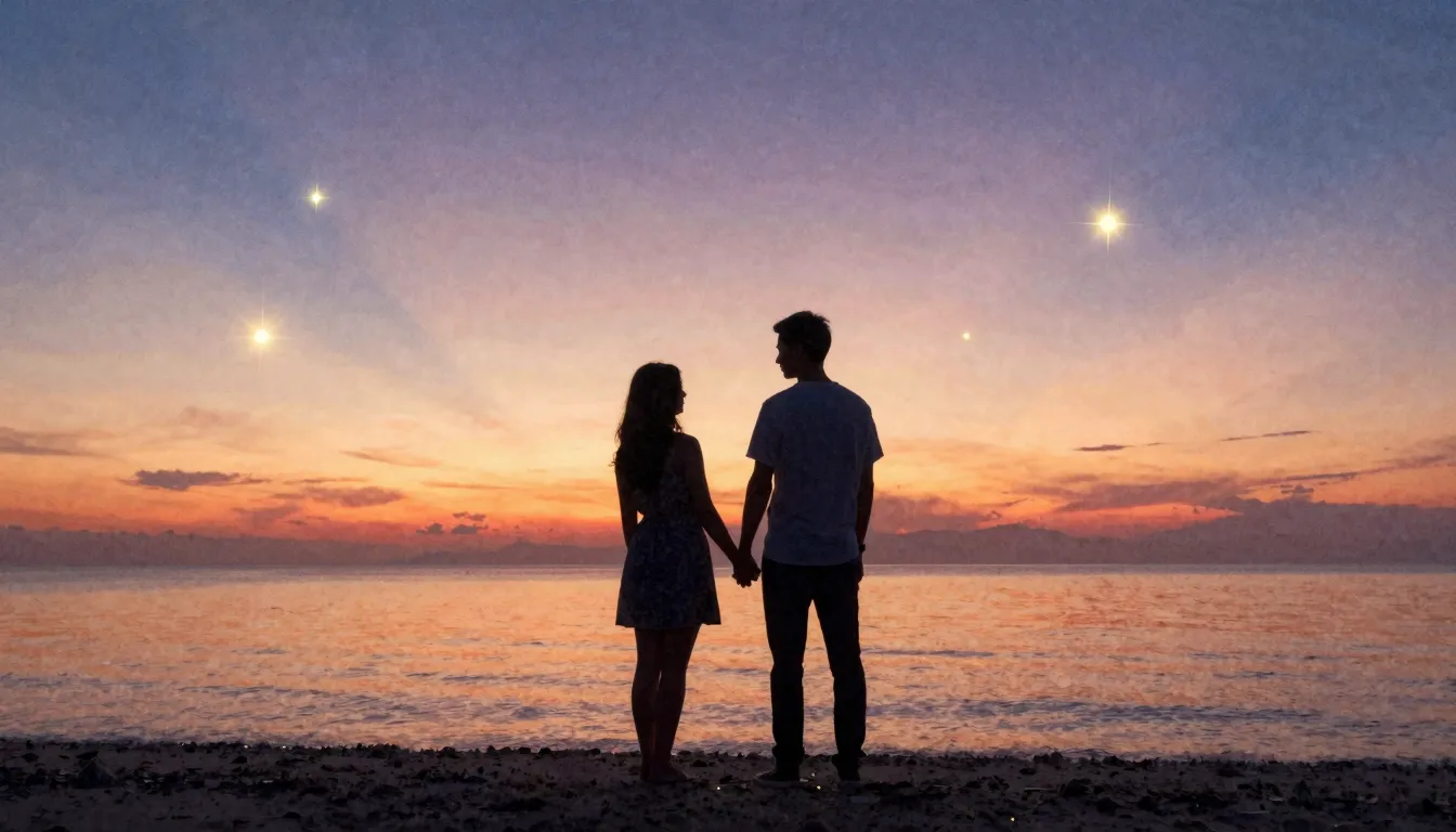 Watercolor style. A romantic sunset over a calm ocean, two d...