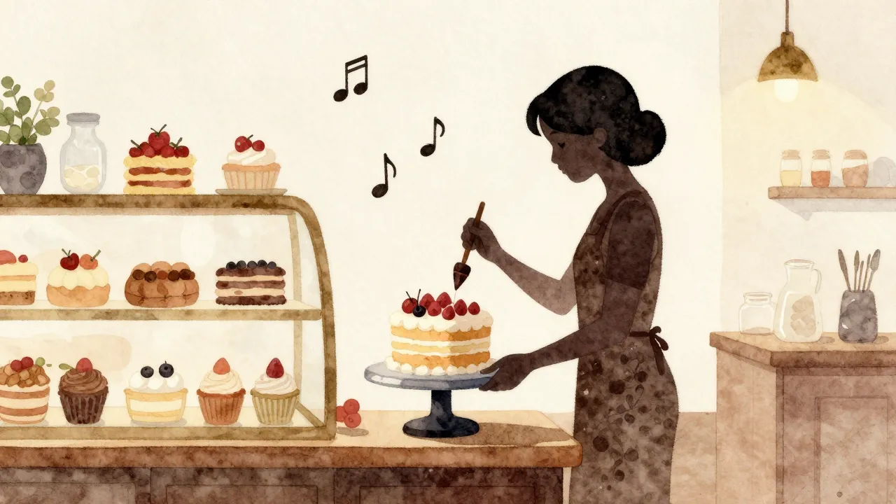 Watercolor style. A cozy bakery scene with a silhouette of a...