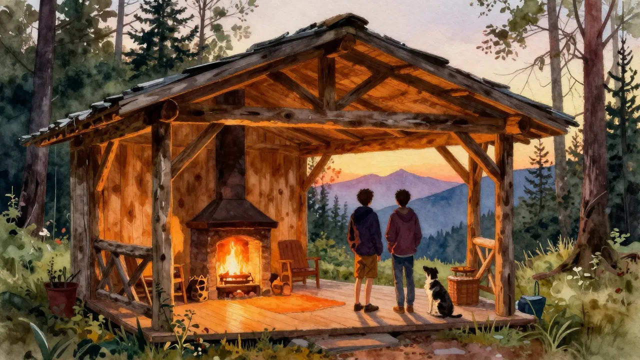 Vibrant watercolor style. A cozy rustic gazebo in a forest a...