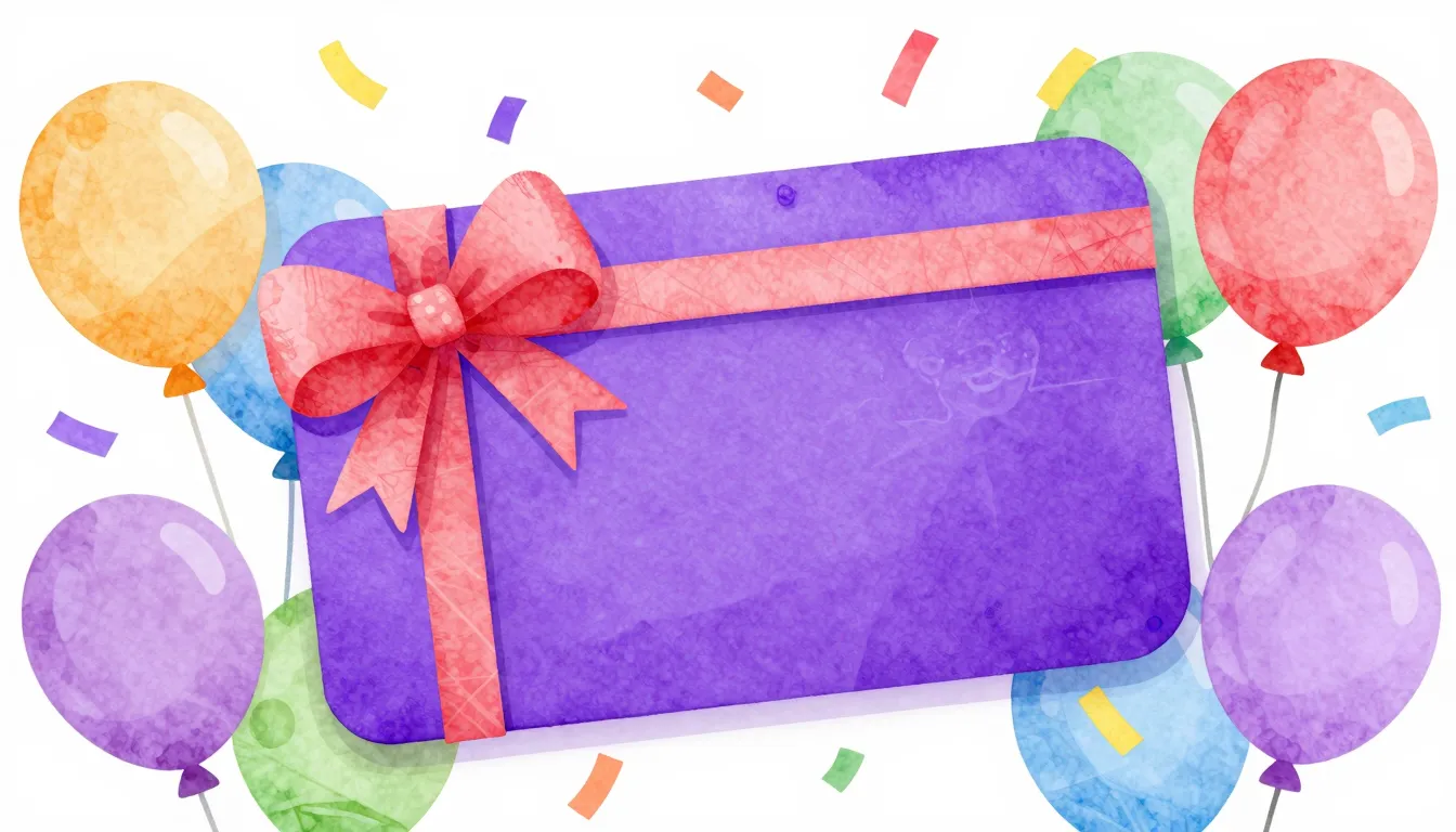 Watercolor style. A bright purple gift card with a festive b...