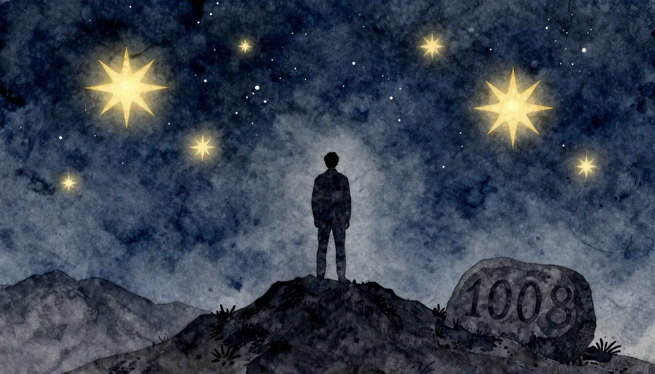 Watercolor style. A silhouette of a man standing on a mounta...