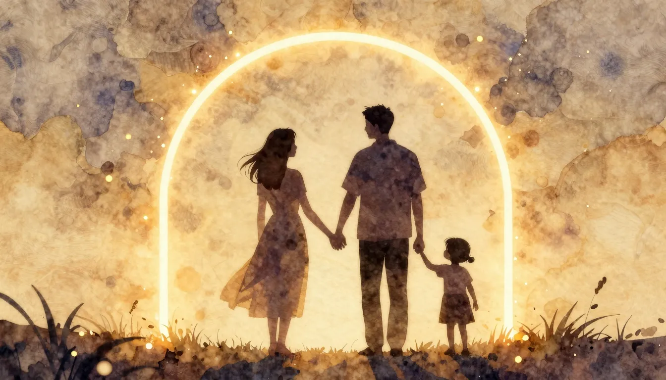 Watercolor style. Silhouette of a couple holding hands under...
