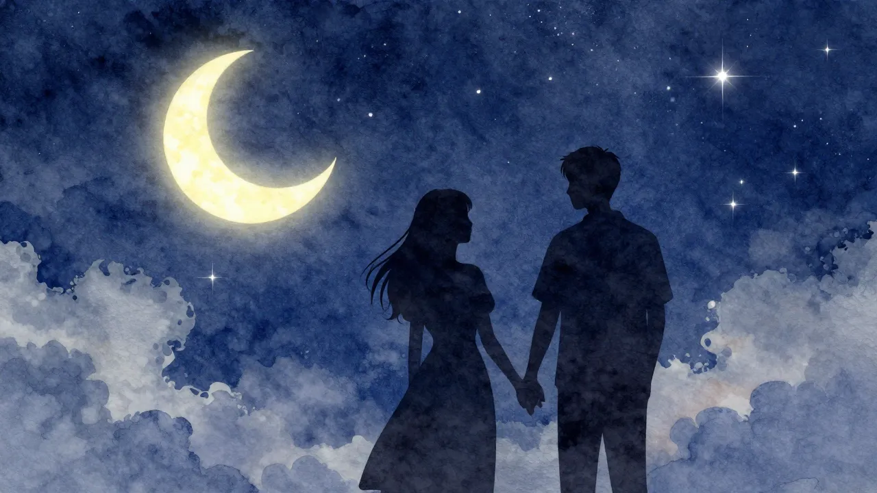 Watercolor style. A romantic silhouette of a couple holding ...