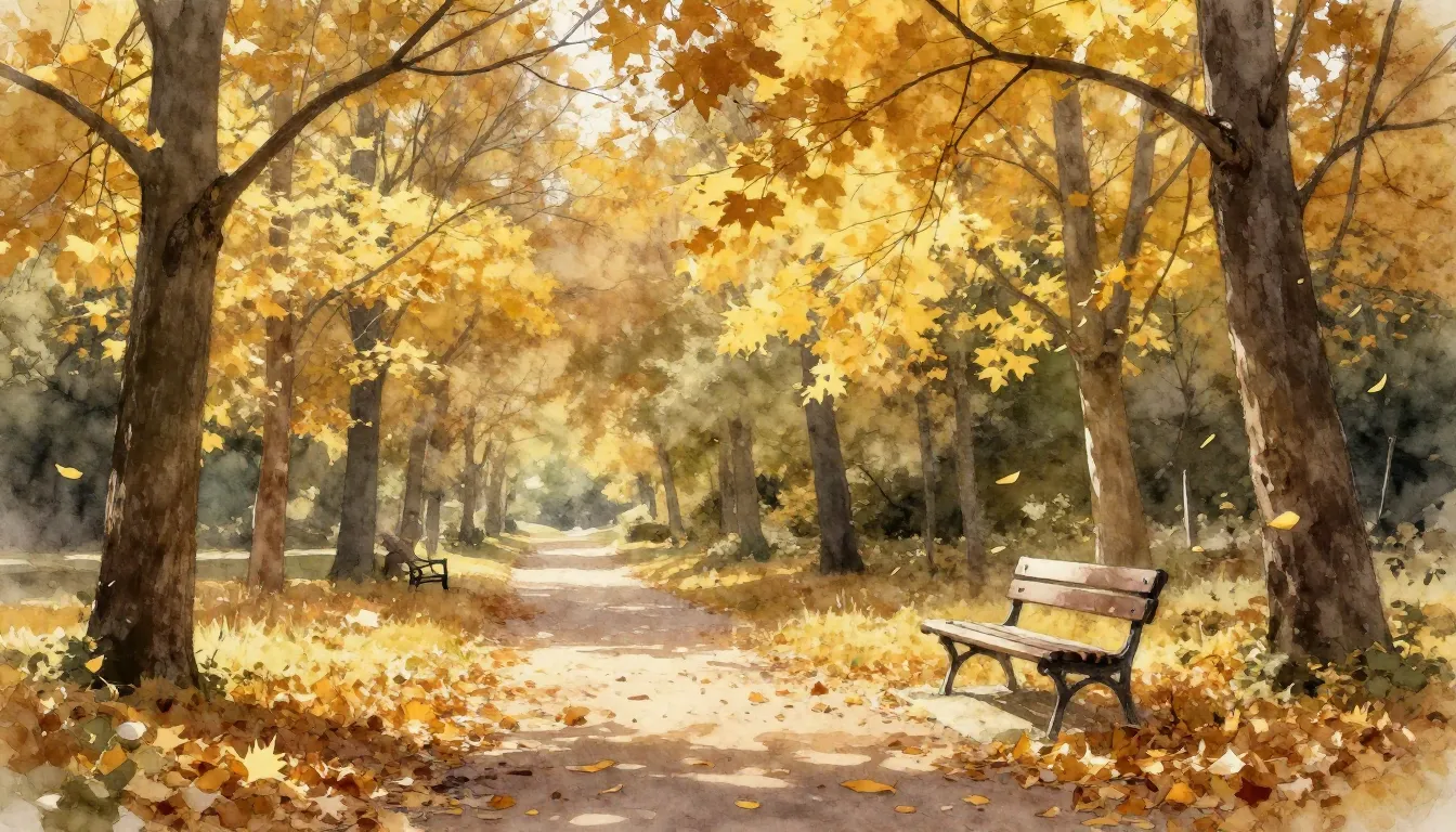 Watercolor style. Golden autumn forest, falling yellow leave...