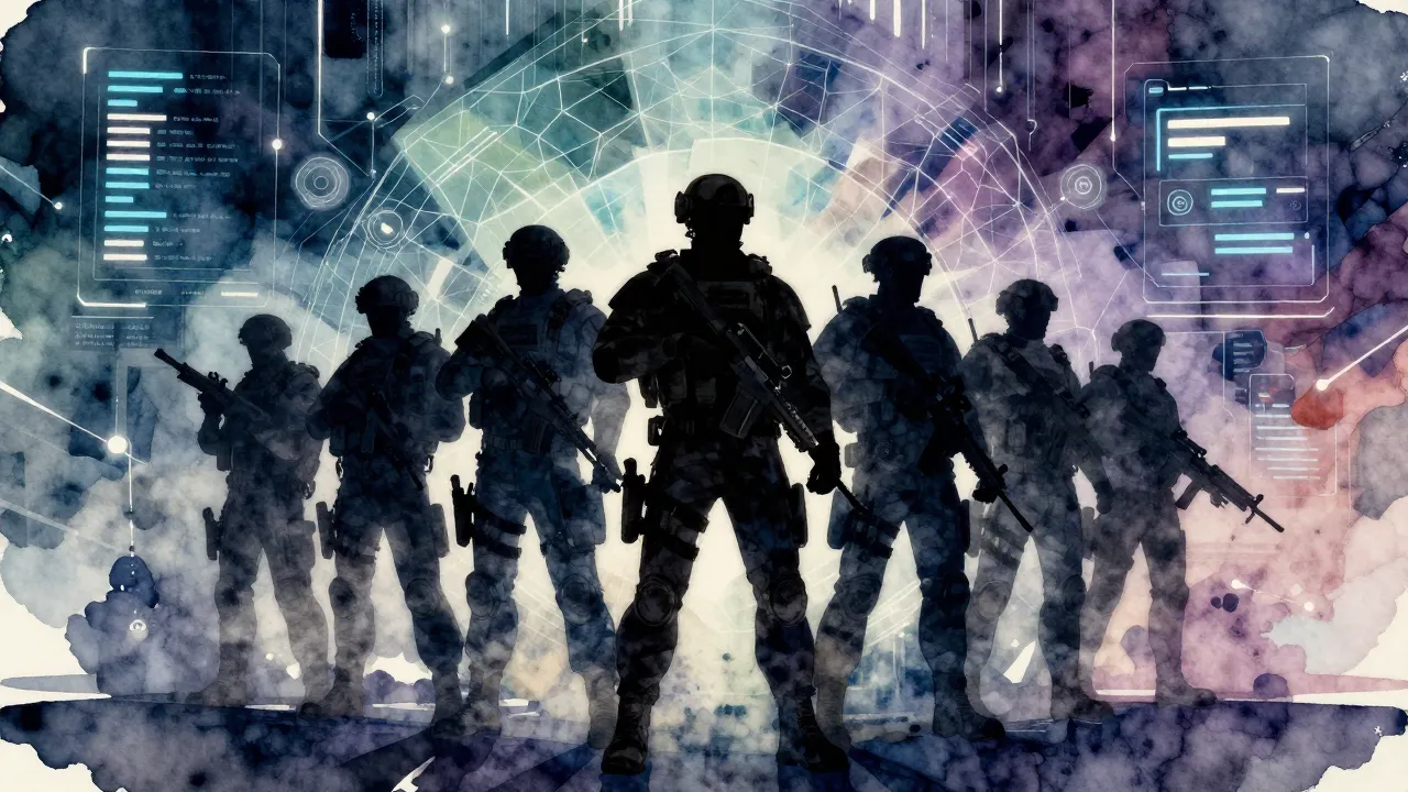 Vibrant watercolor style. Tactical squad silhouette in a hig...