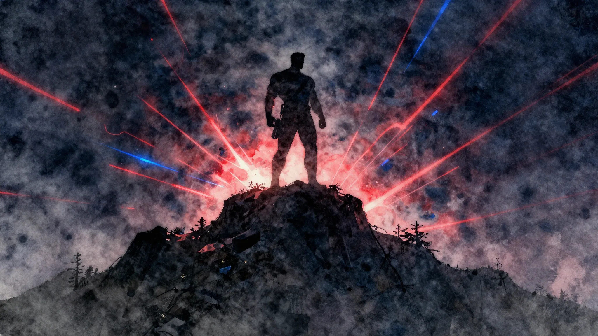 Watercolor style. Dark abstract background with glowing red ...