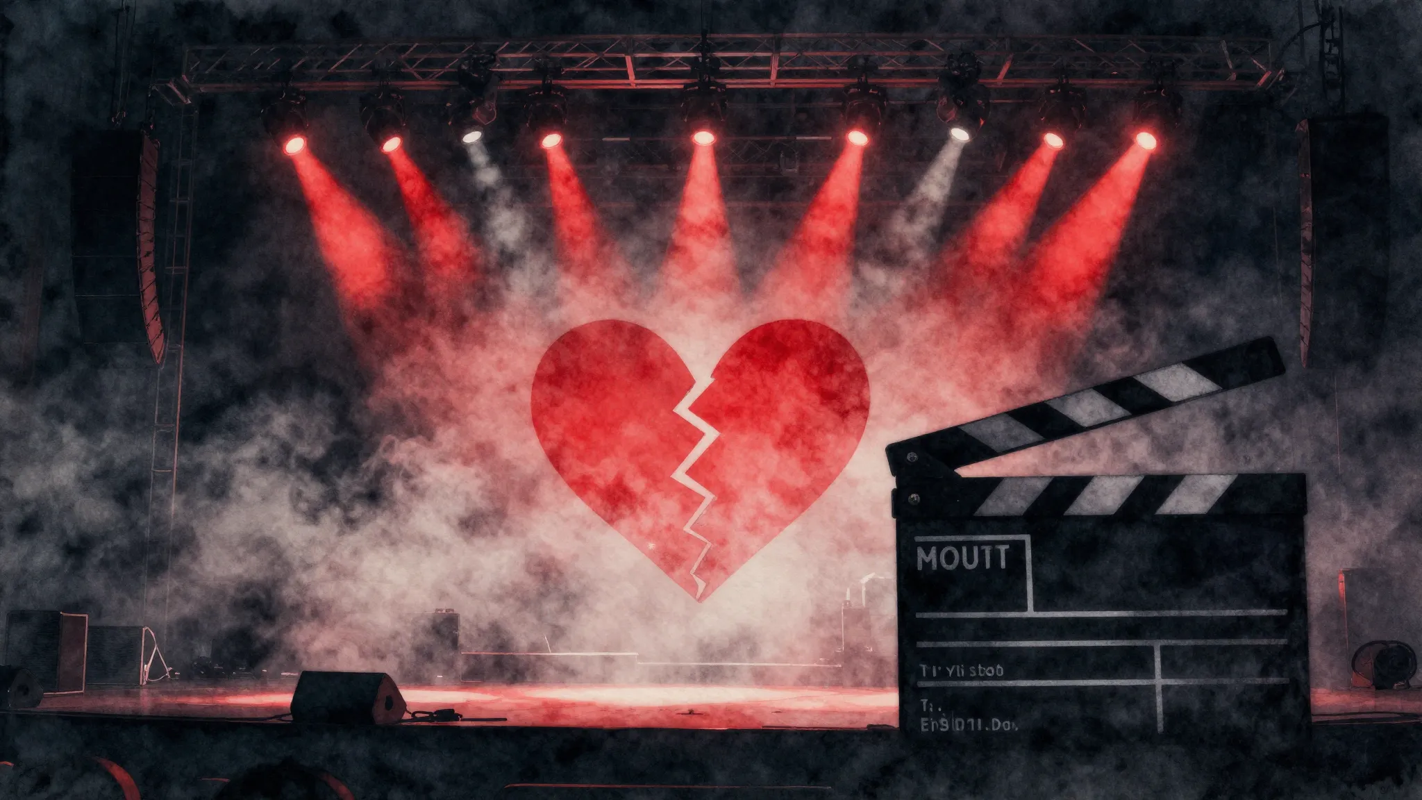Watercolor style. Dark concert stage, thick smoke, red light...