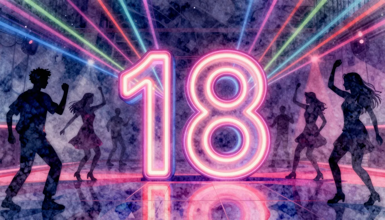 Watercolor style. A glowing neon number 18 in the center of ...