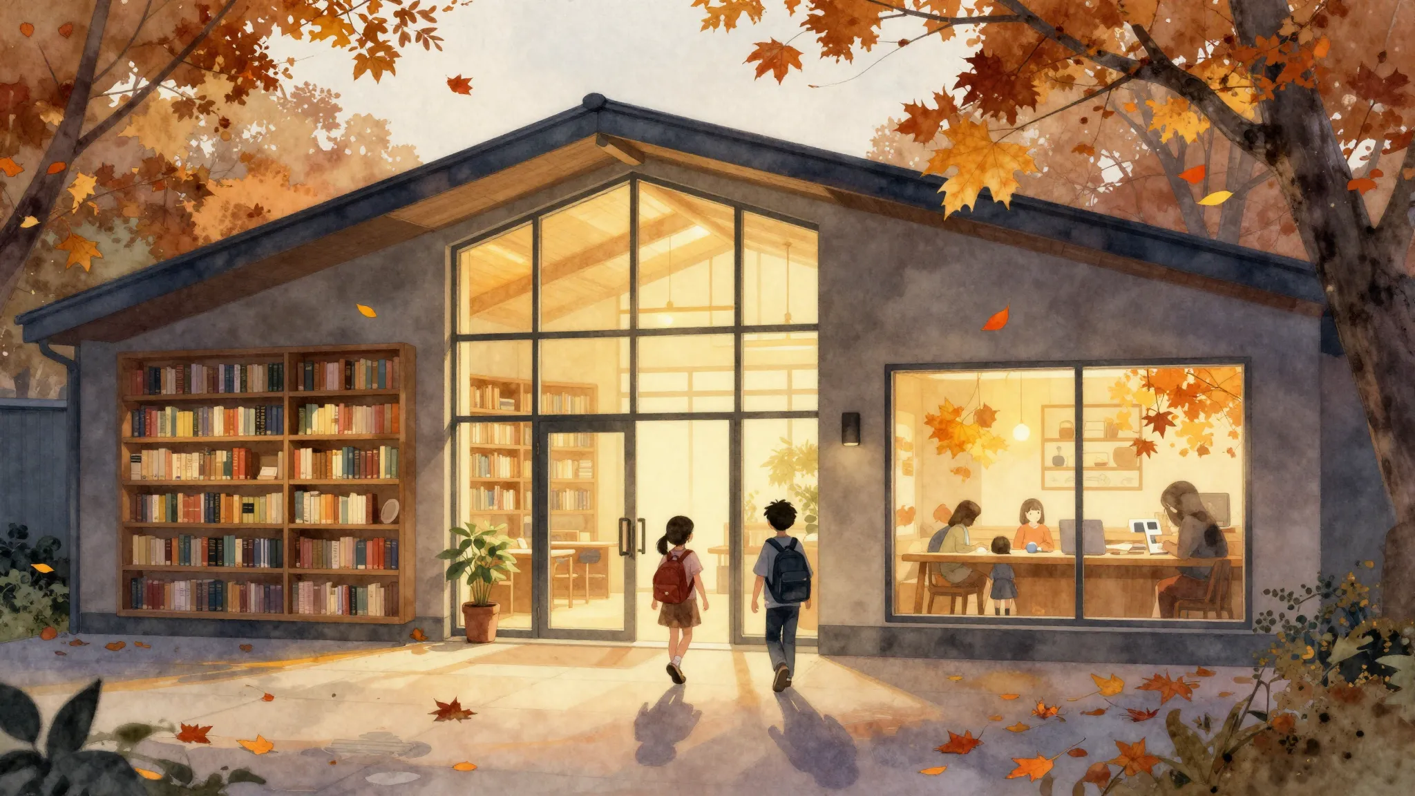 Watercolor style. A cozy modern library building at autumn, ...