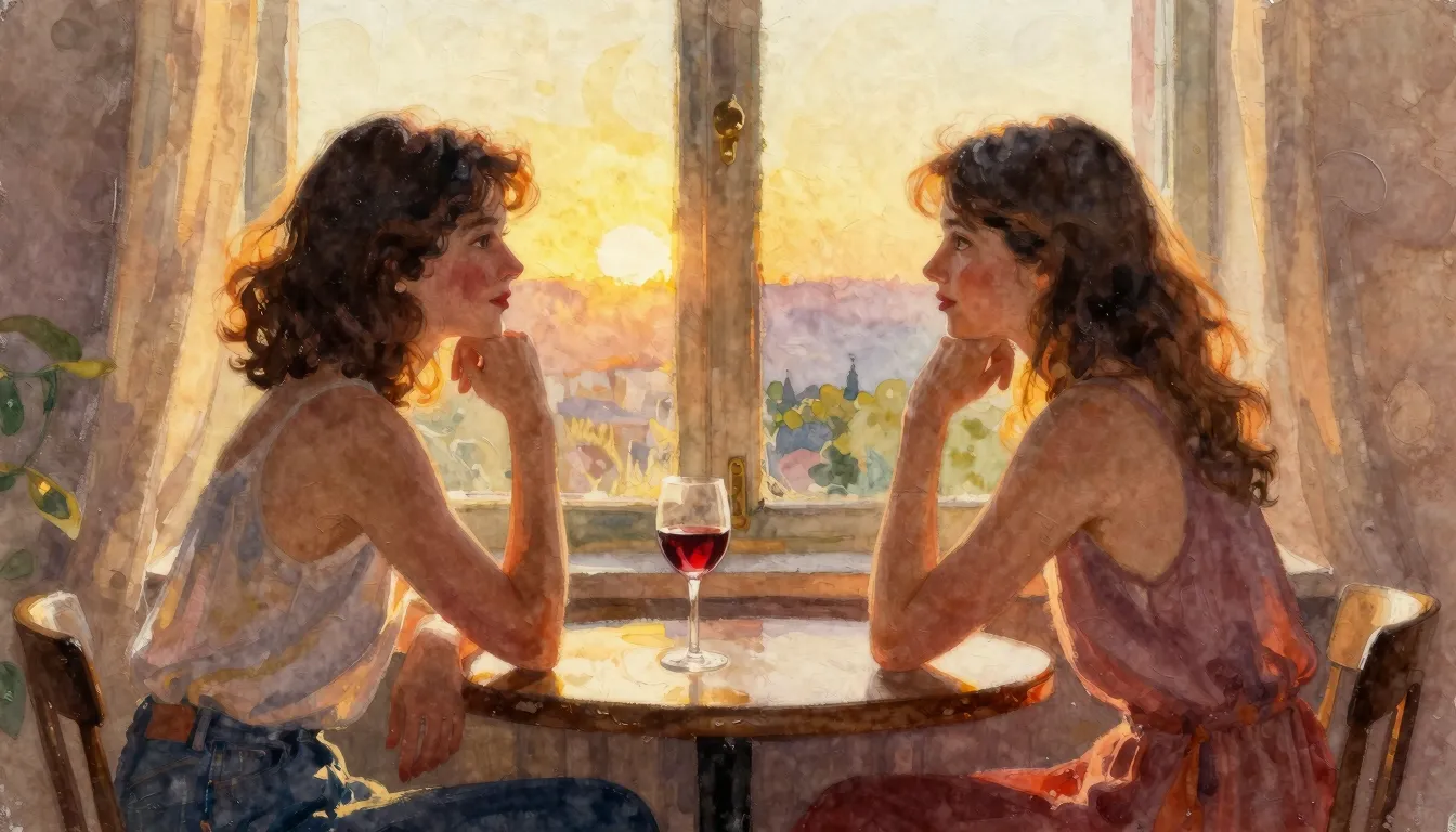 Vibrant watercolor style. A warm silhouette of two female fr...