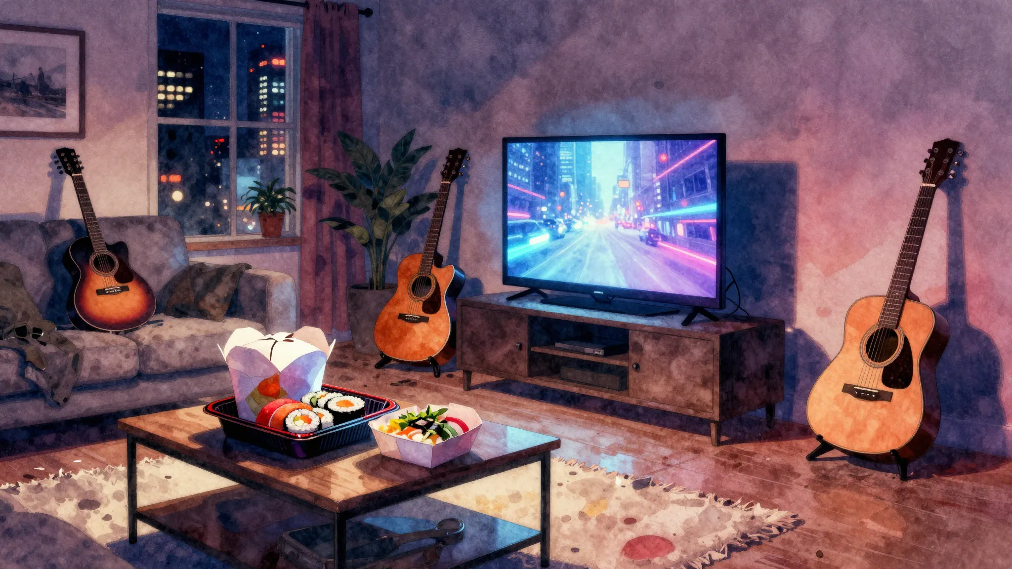 Vibrant watercolor style. A cinematic rock album cover featu...
