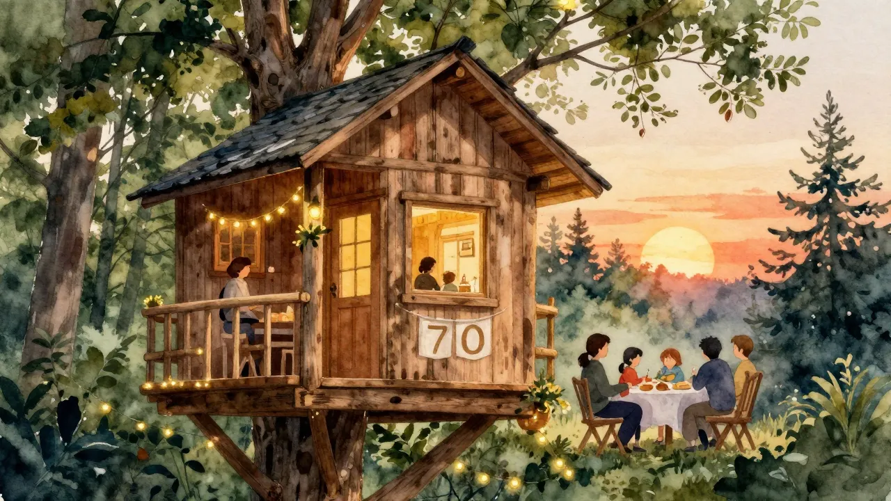 Watercolor style. A cozy wooden treehouse in a lush forest, ...