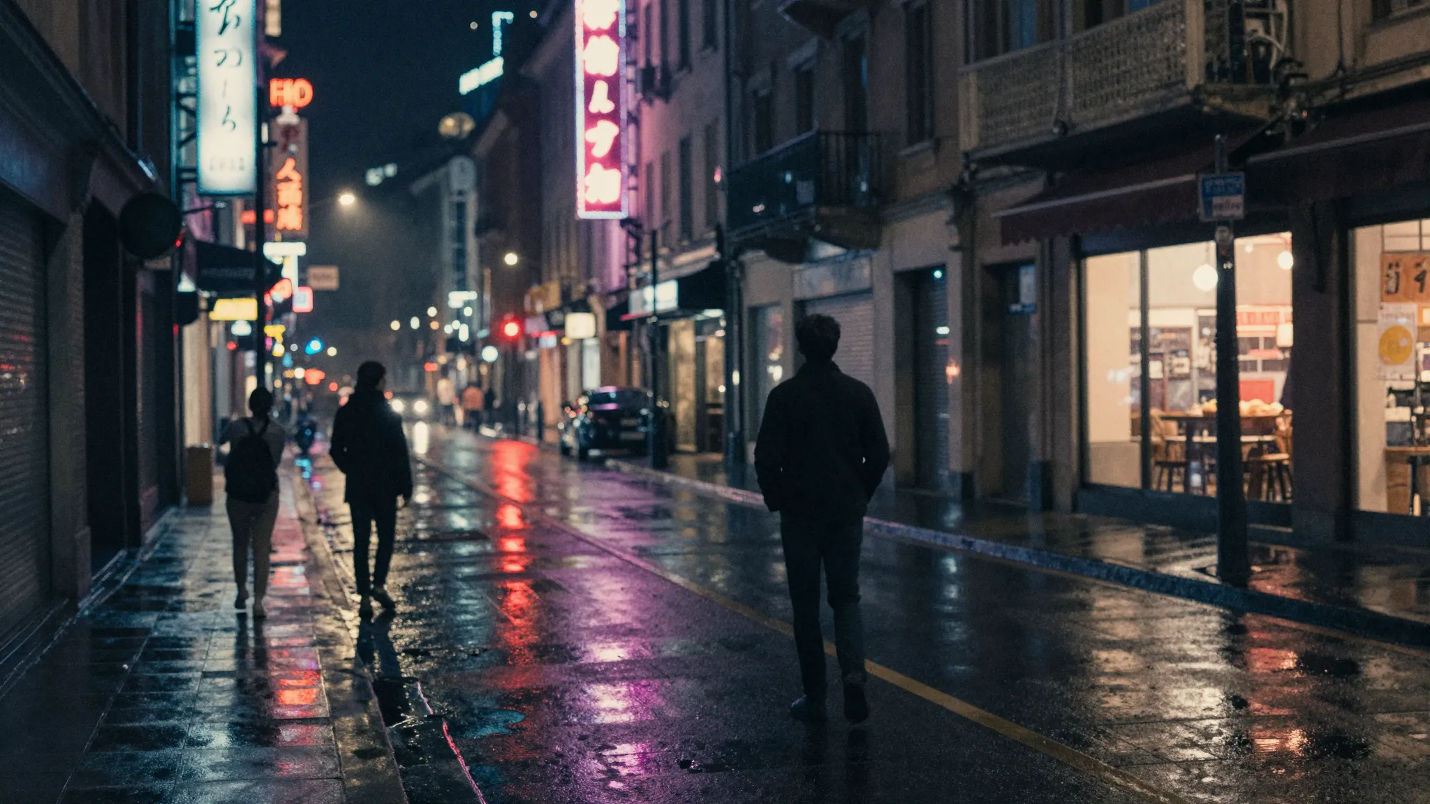 Watercolor style. A dark city street at night, neon lights r...