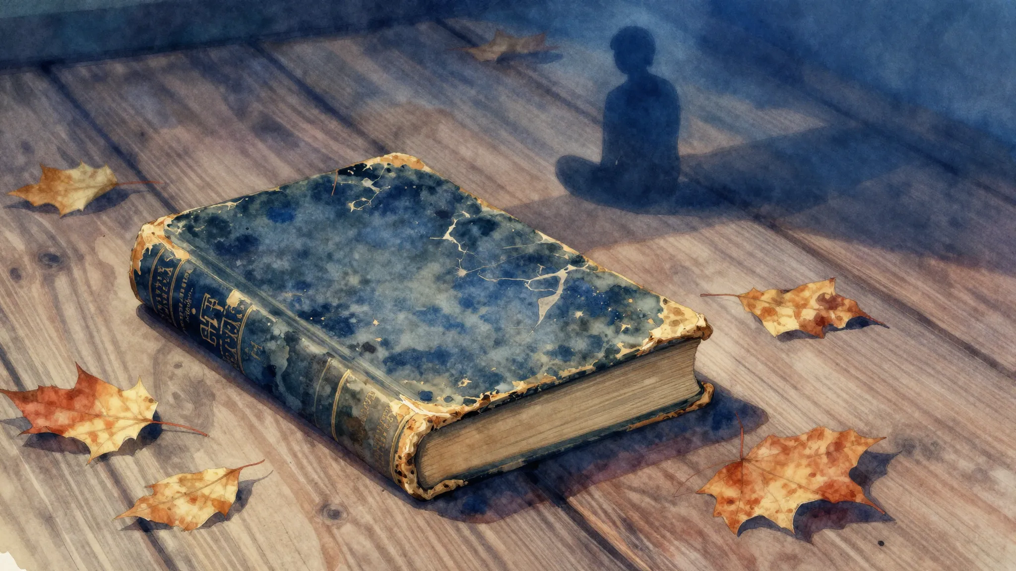 Vibrant watercolor style. A worn, weathered vintage book lyi...