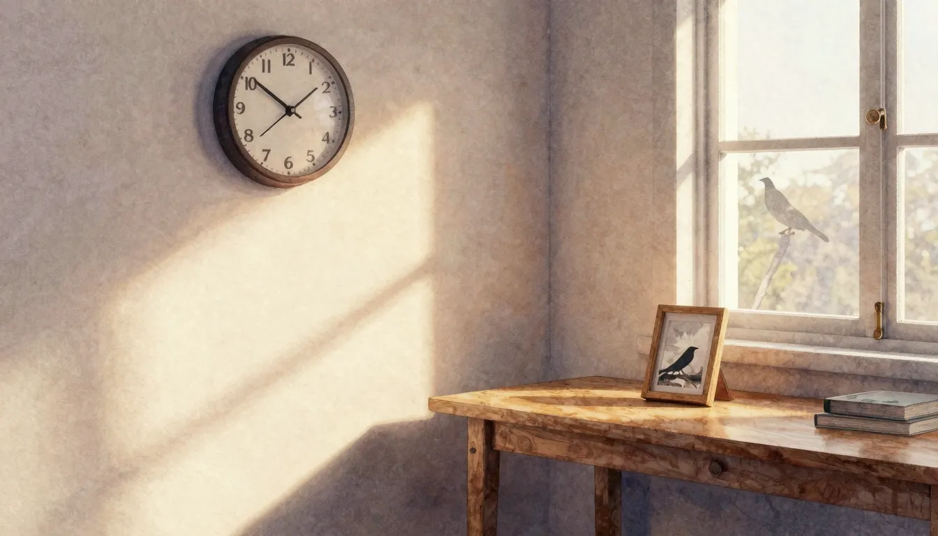 Watercolor style. A cozy empty room with a ticking clock on ...