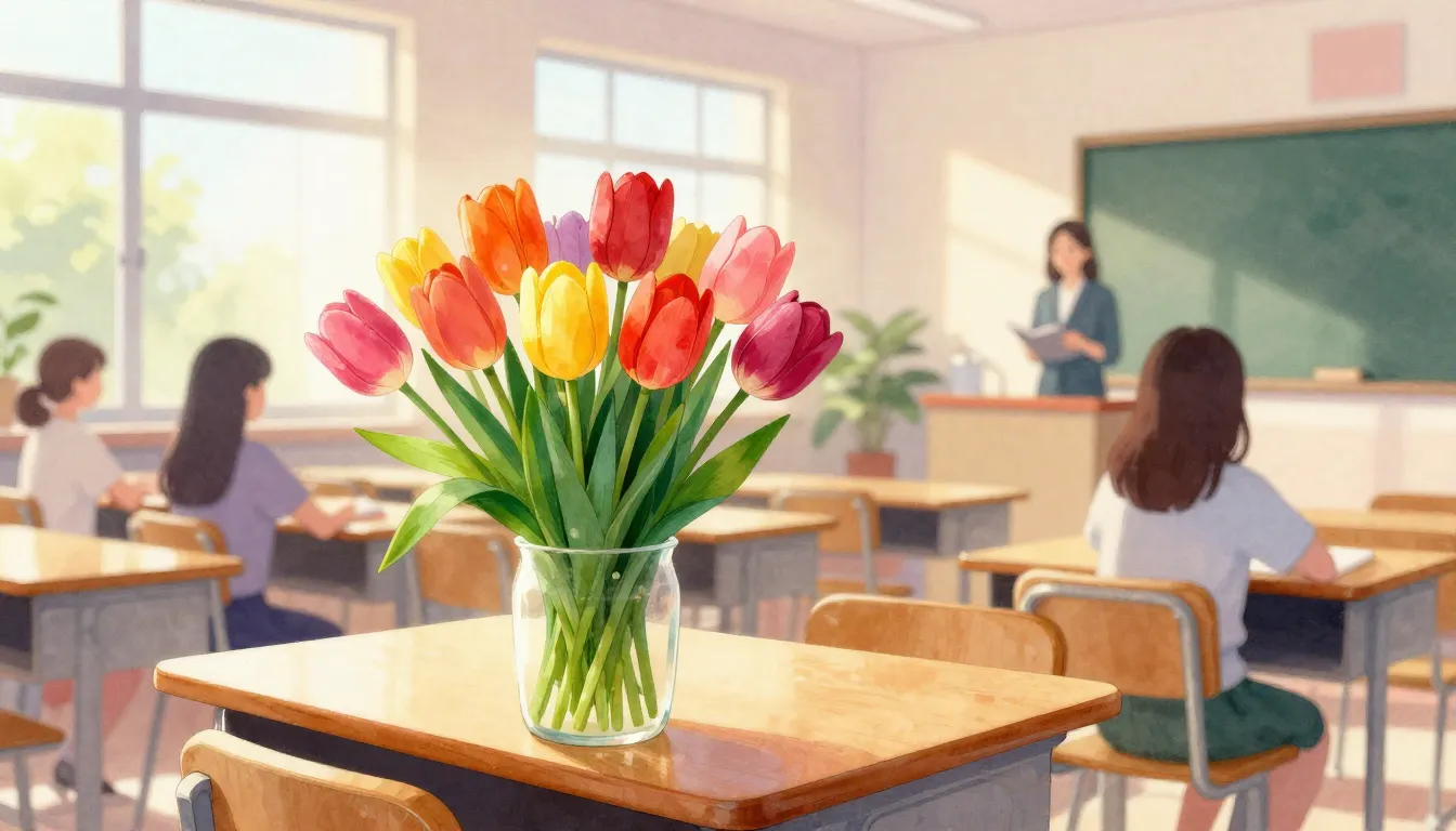 Vibrant watercolor style. A sunny classroom interior with a ...