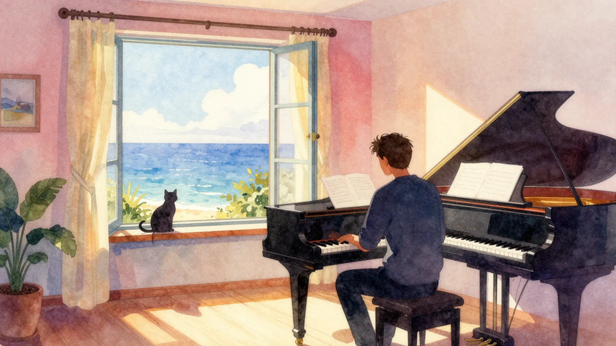 Vibrant watercolor style. A cozy sunlit room with a view of ...