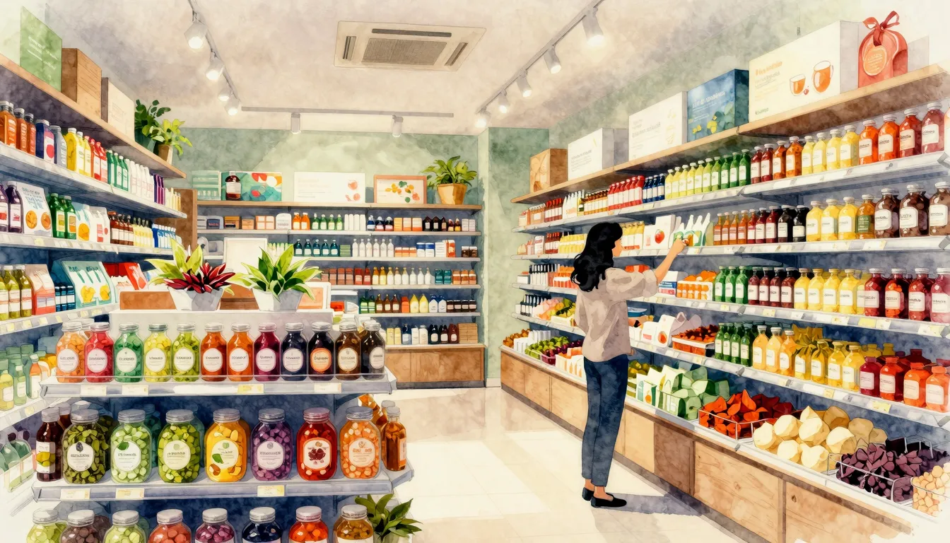 Watercolor style. A modern health store interior, bright and...