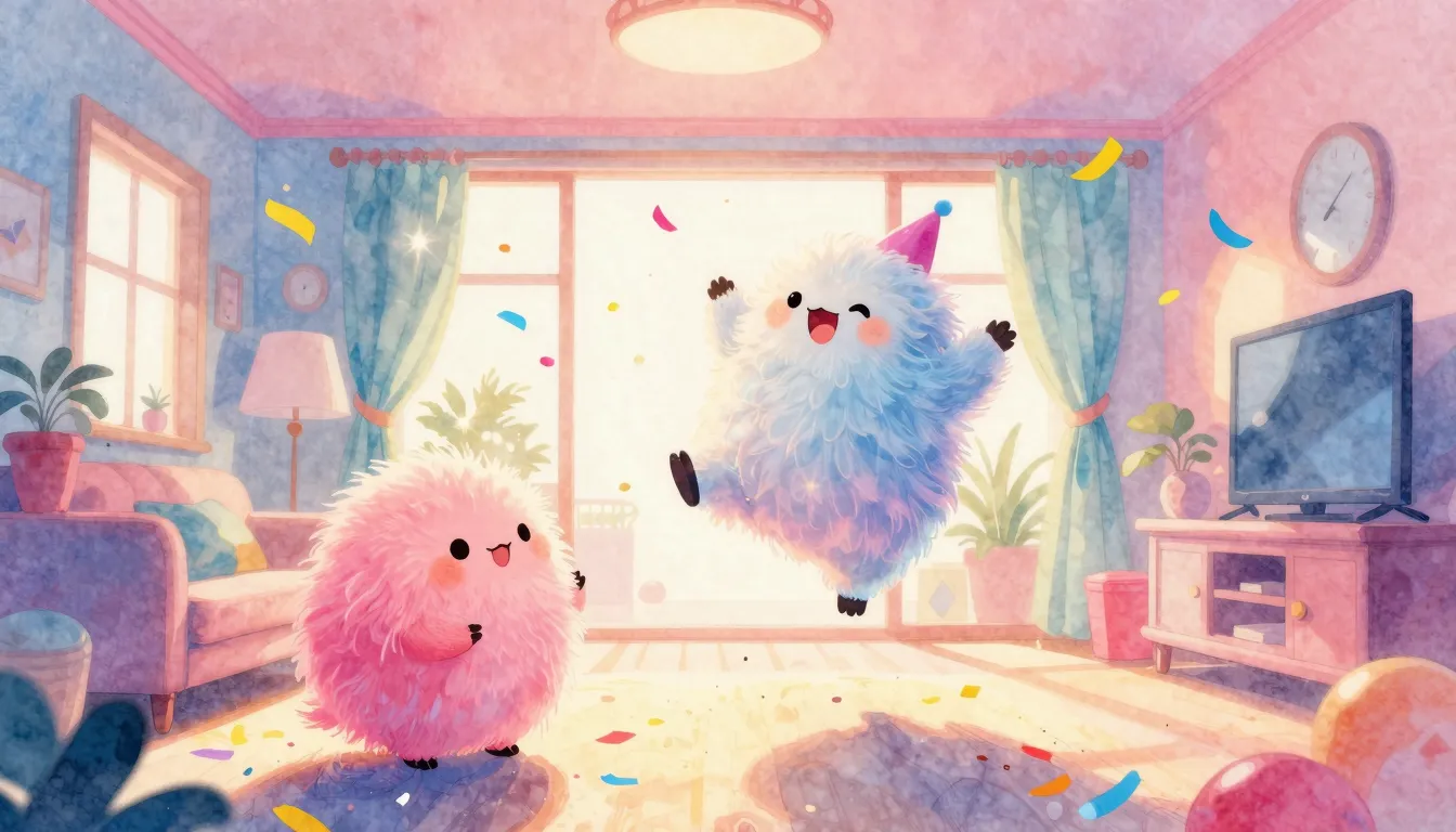 Vibrant watercolor style. Whimsical fluffy creatures dancing...