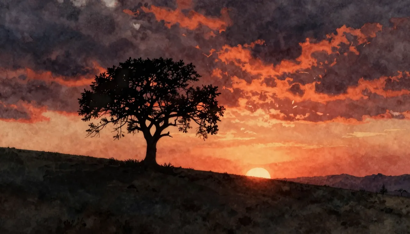 Watercolor style. Silhouette of a lone tree on a hill during...