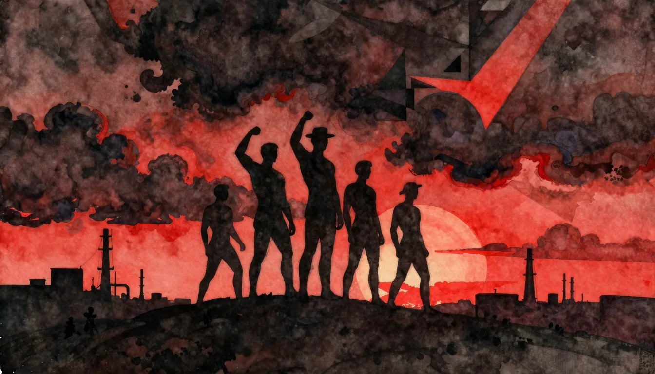 Watercolor style. Dark silhouettes of strong figures standin...