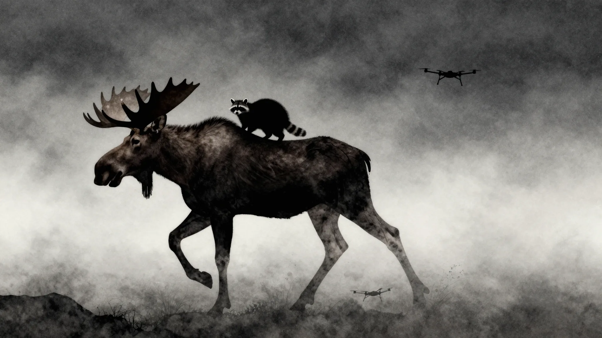 Watercolor style. Silhouette of a large moose running throug...