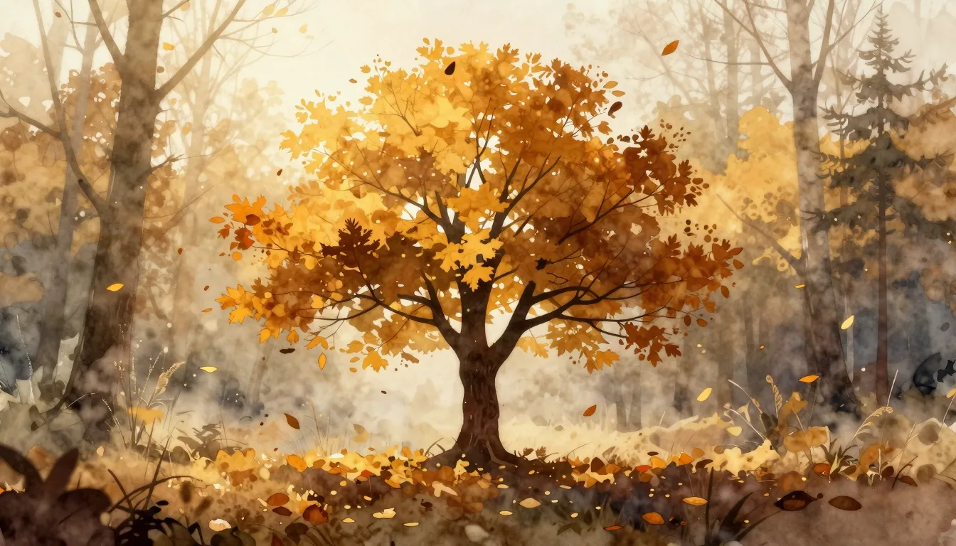 Watercolor style. Silhouette of a lone tree in an autumn for...