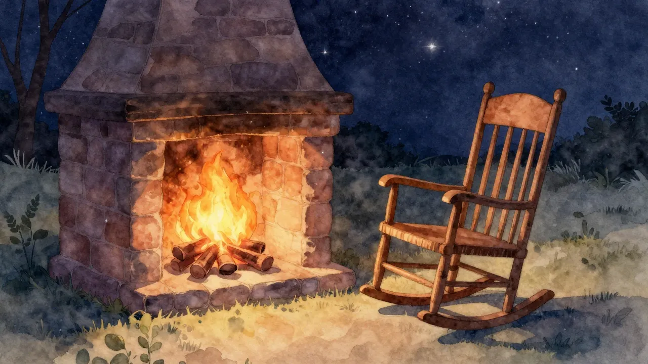 Watercolor style. A cozy hearth with a gentle, warm glowing ...