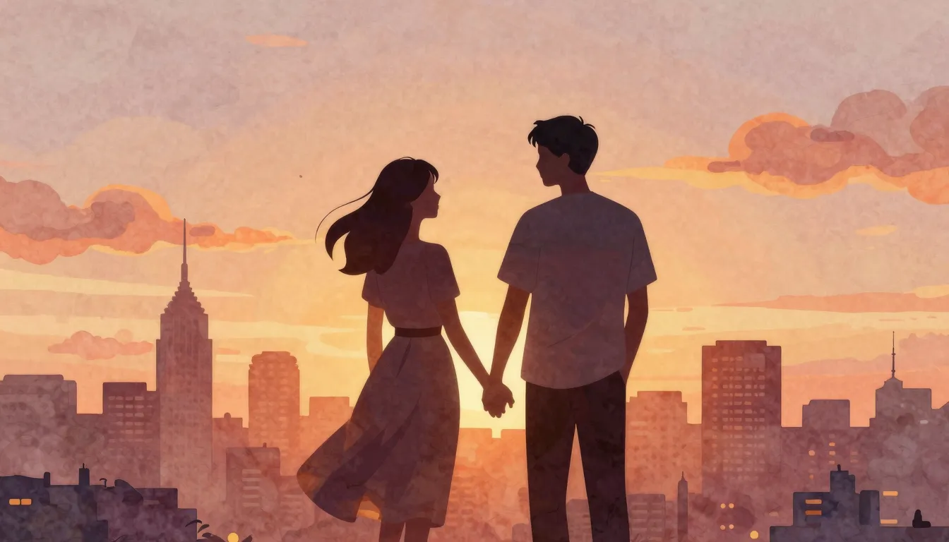 Watercolor style. Silhouette of a loving couple standing tog...