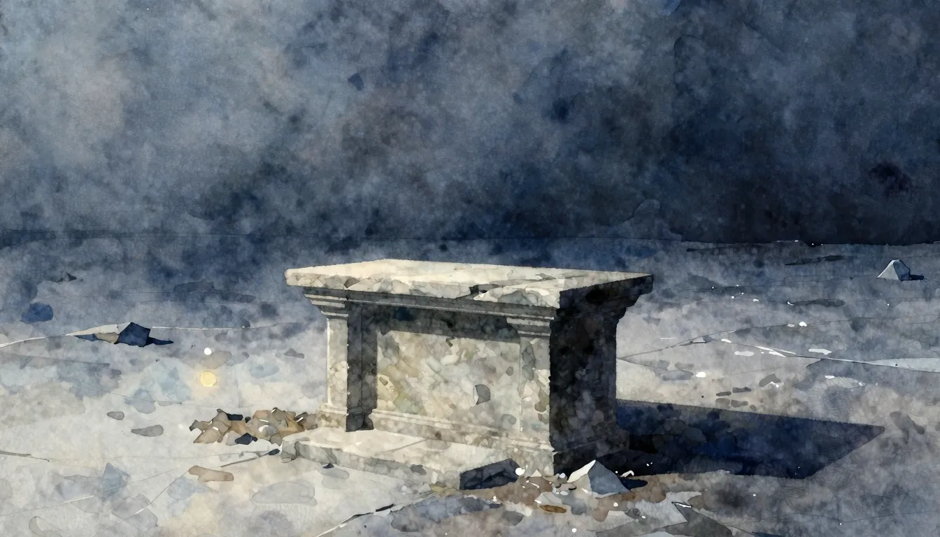Vibrant watercolor style. A crumbling stone altar in a vast,...