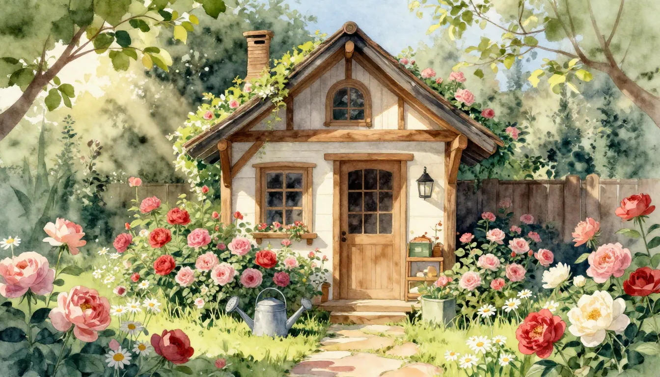 Watercolor style. A cozy wooden summer house surrounded by a...