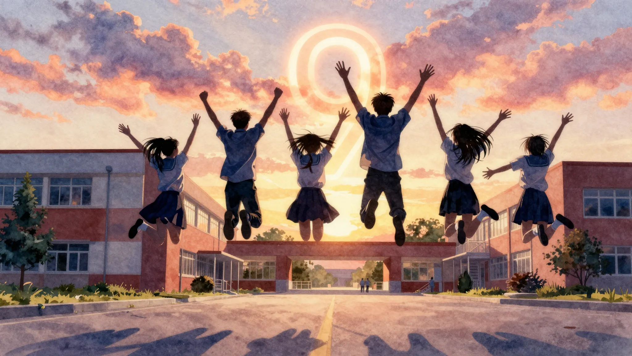 Watercolor style. Silhouette of teenagers jumping in front o...
