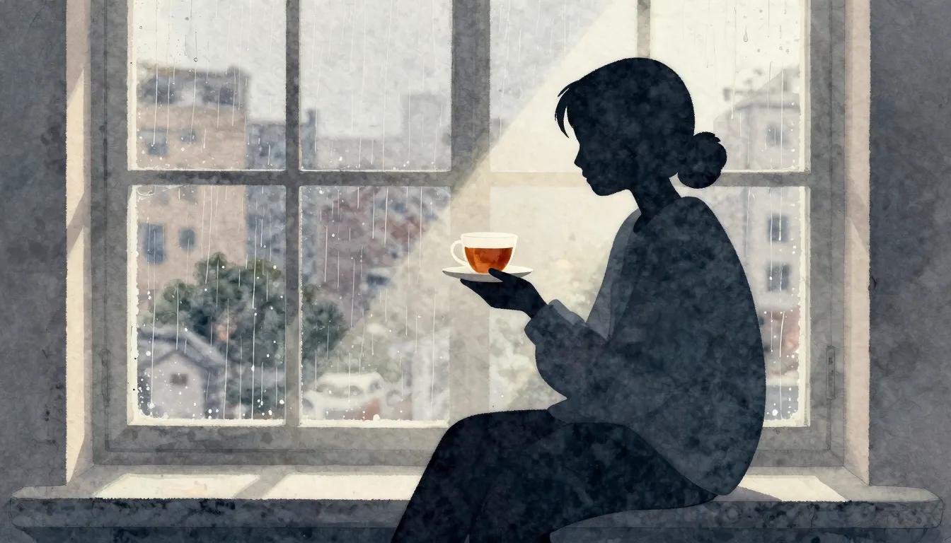 Watercolor style. A silhouette of a person sitting by a wind...