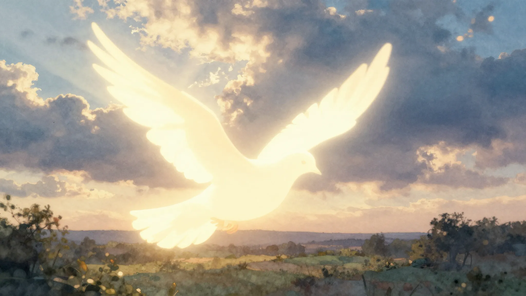 Watercolor style. A glowing silhouette of a dove flying over...