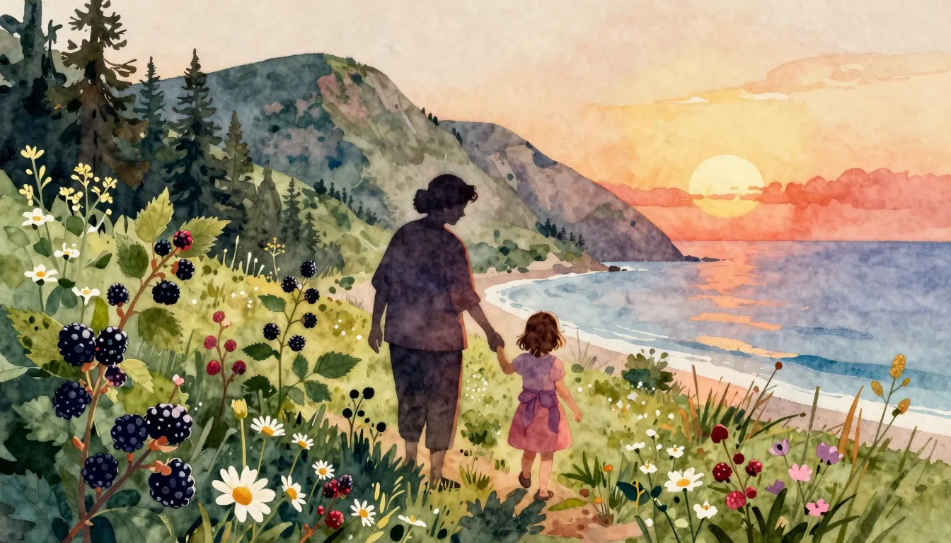 Watercolor style. A silhouette of a grandmother and a little...