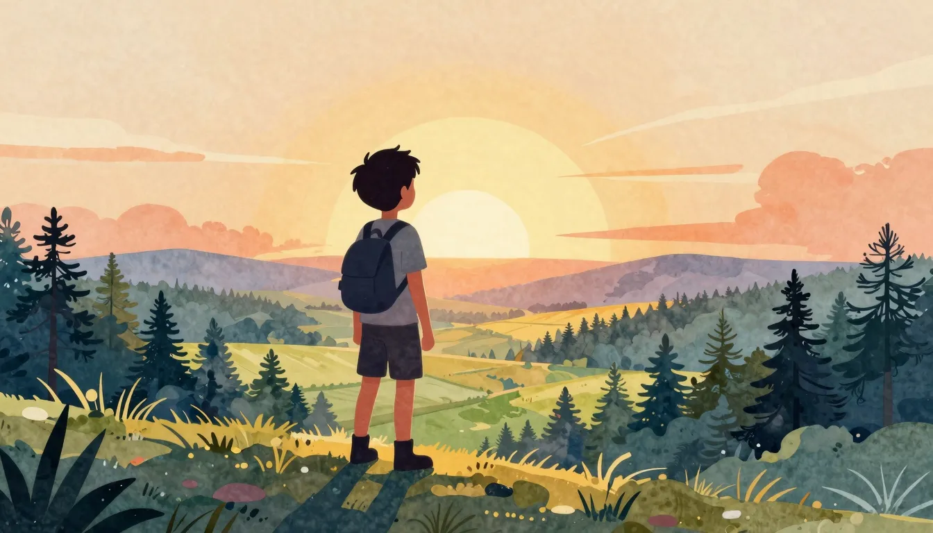 Watercolor style. A silhouette of a young boy standing on a ...