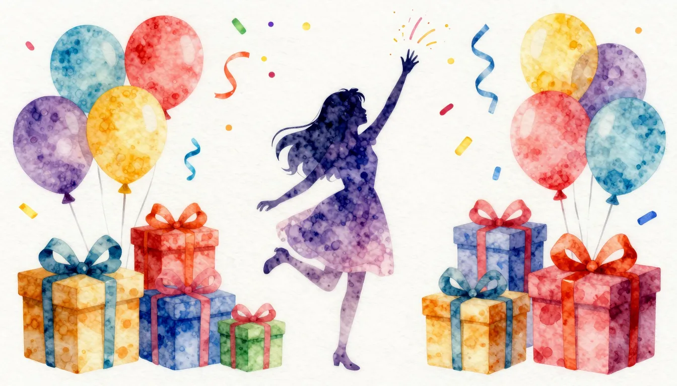 Vibrant watercolor style. Festive birthday party scene, colo...