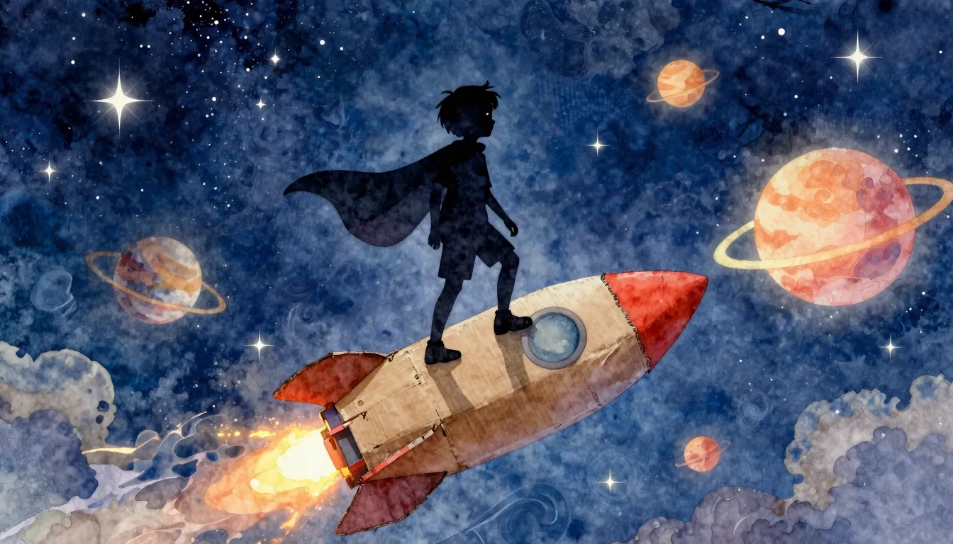 Watercolor style. Silhouette of a child wearing a cape stand...