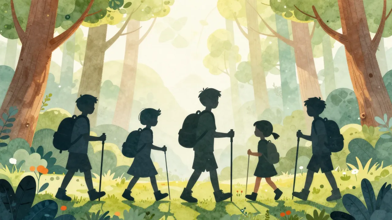 Watercolor style. A group of five children silhouettes hikin...