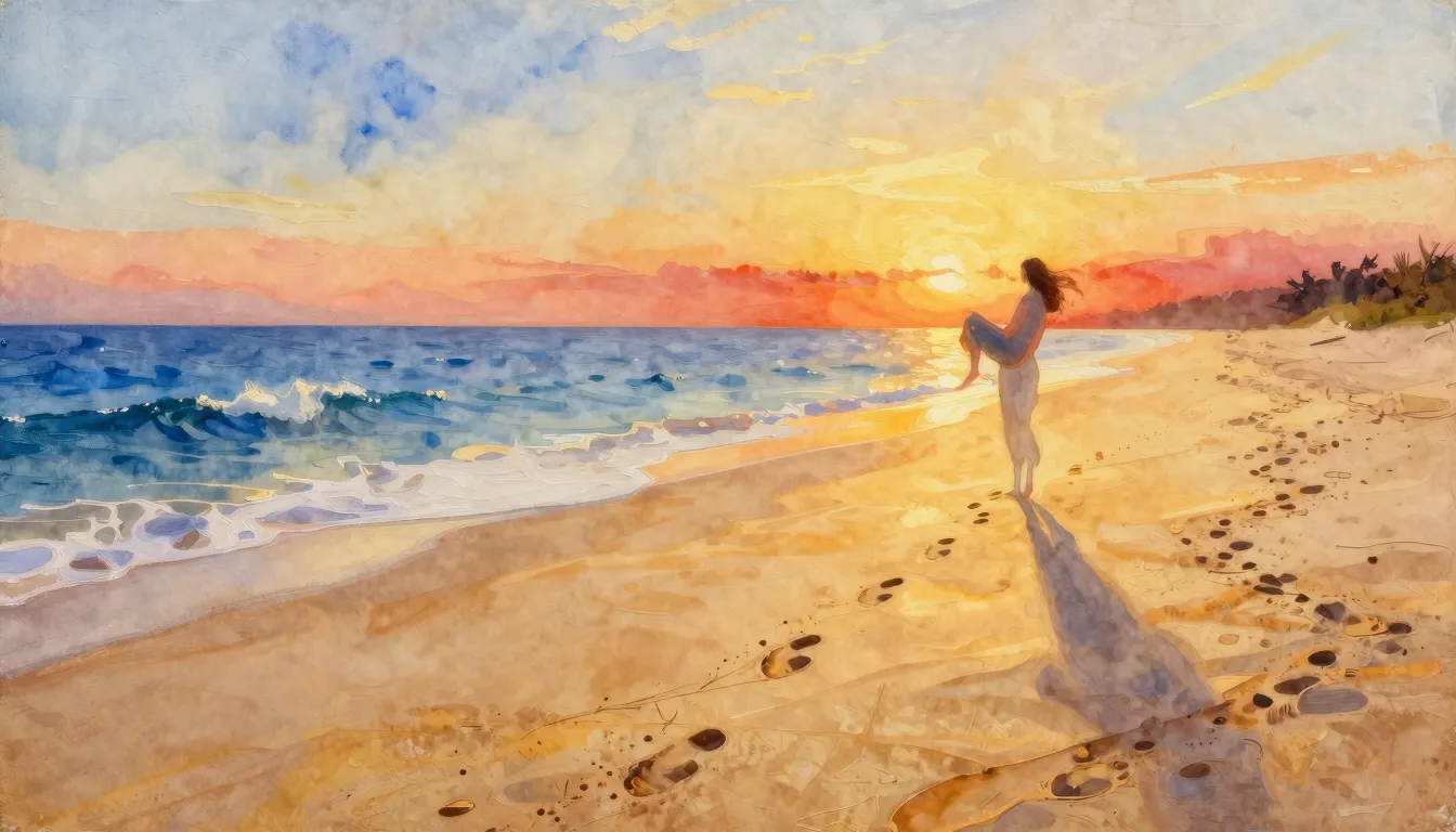 Vibrant watercolor style. A serene beach at sunset with gold...