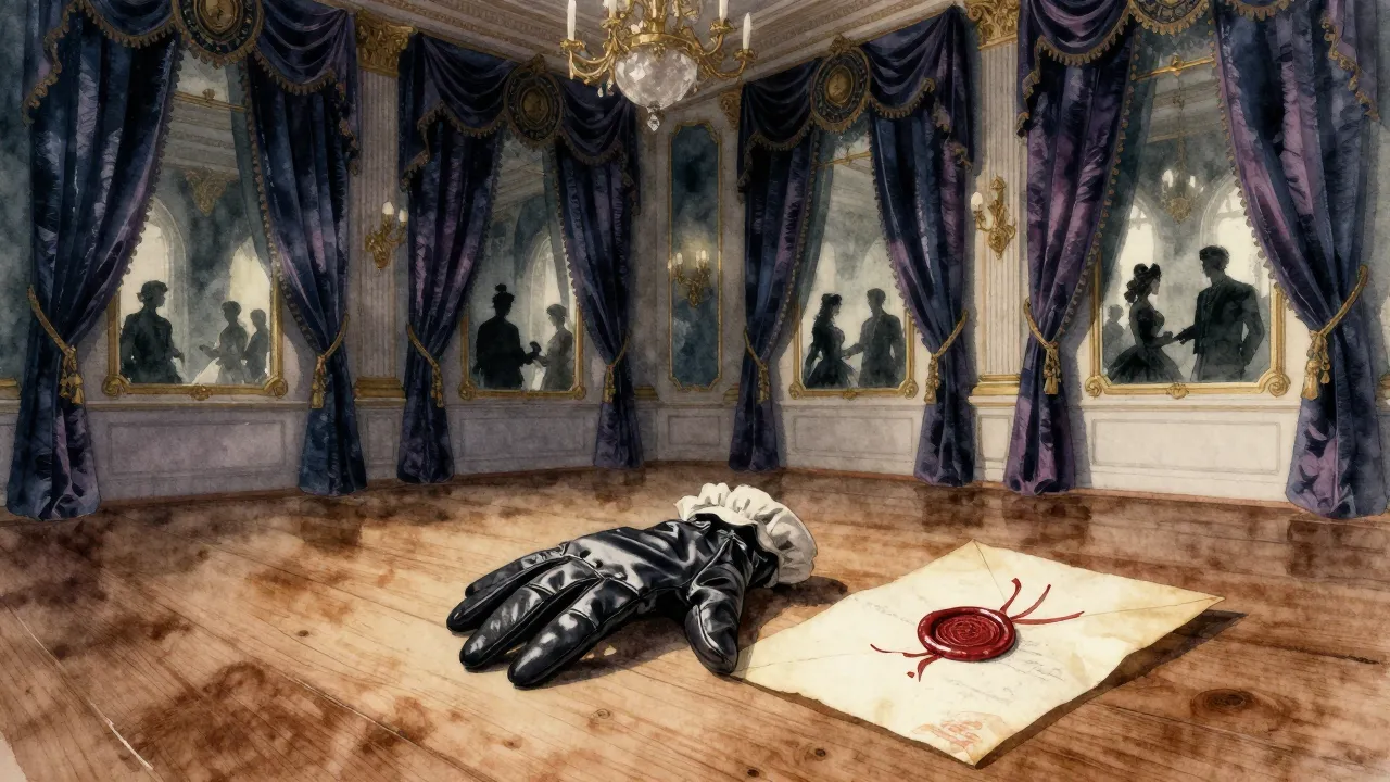 Watercolor style. A grand ballroom with velvet curtains, orn...