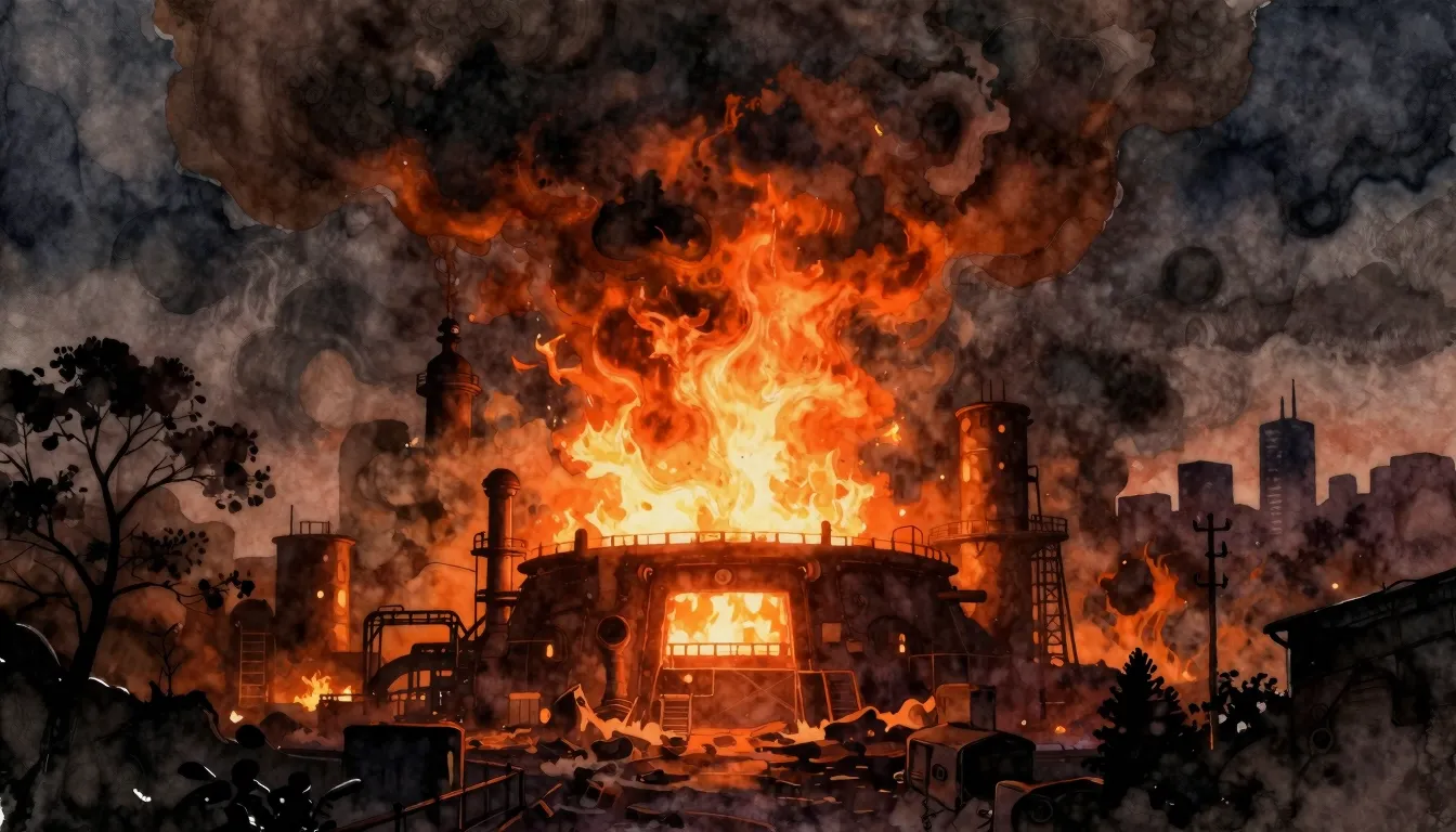 Watercolor style. Epic dark industrial furnace glowing with ...