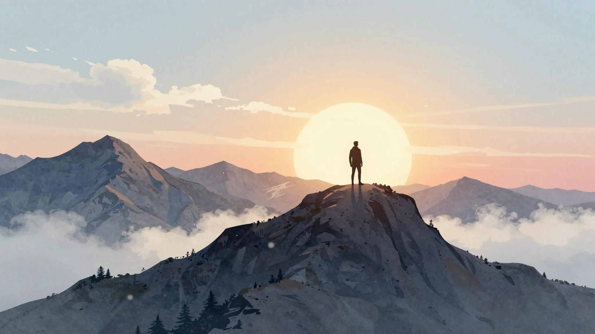 Watercolor style. Silhouette of a figure standing on a high ...