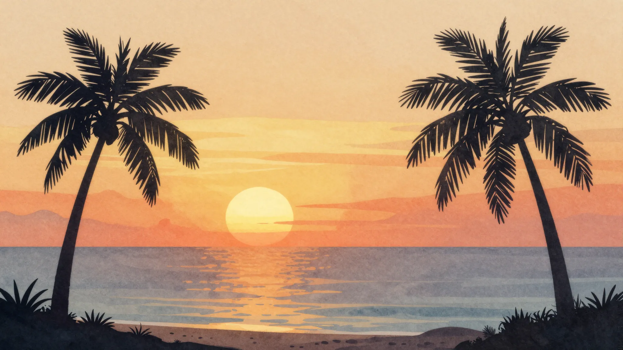 Watercolor style. A beautiful sunset over a calm ocean, silh...