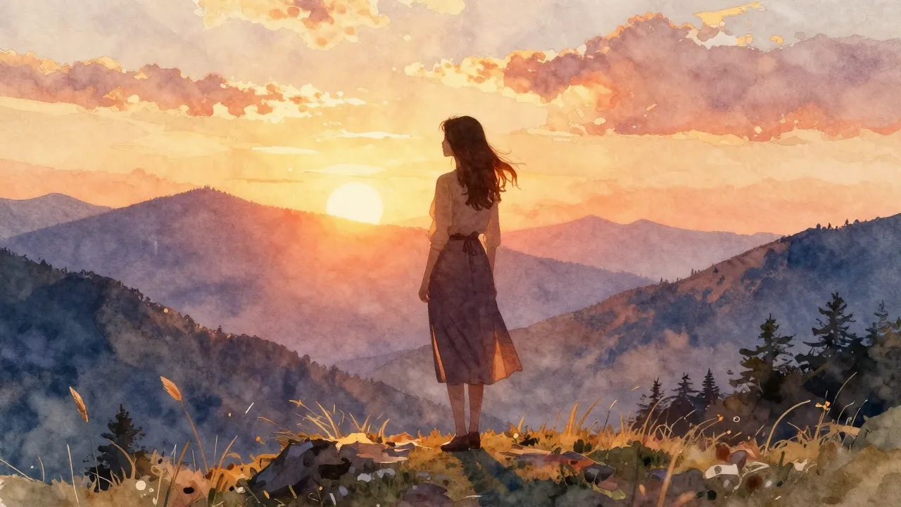 Vibrant watercolor style. A warm and cozy atmosphere, a silh...