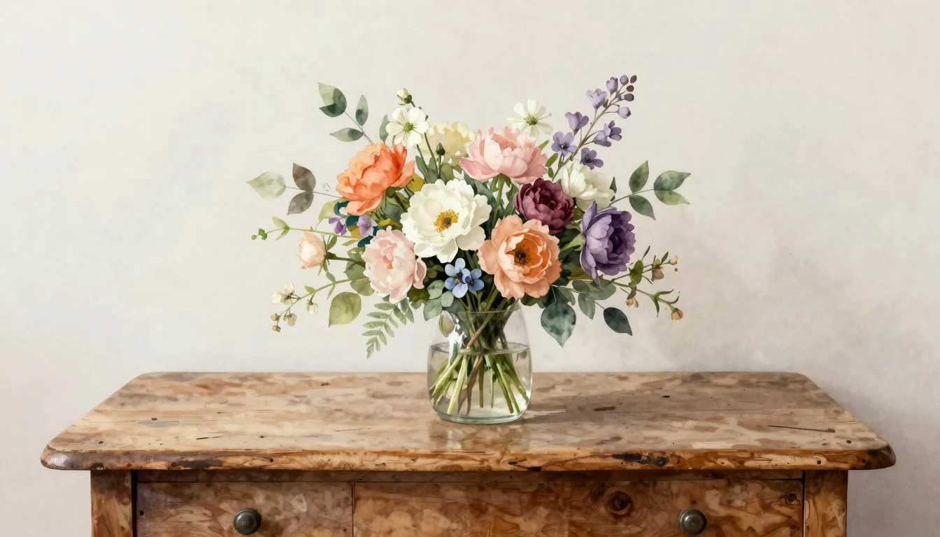 Watercolor style. A beautiful bouquet of spring flowers on a...