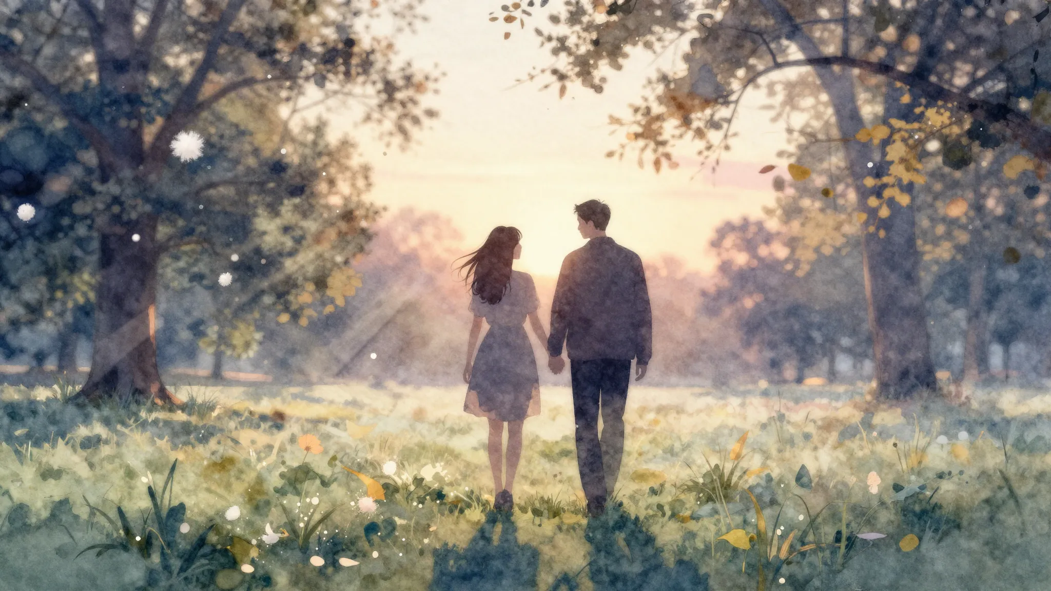 Watercolor style. A silhouette of a couple walking in a park...